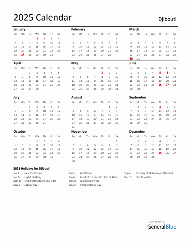 Standard Holiday Calendar for 2025 with Djibouti Holidays 