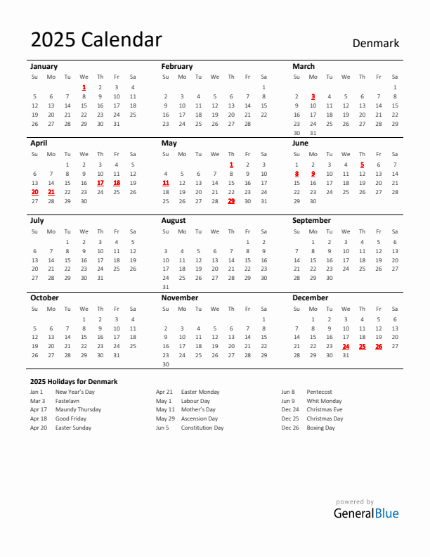 Standard Holiday Calendar for 2025 with Denmark Holidays