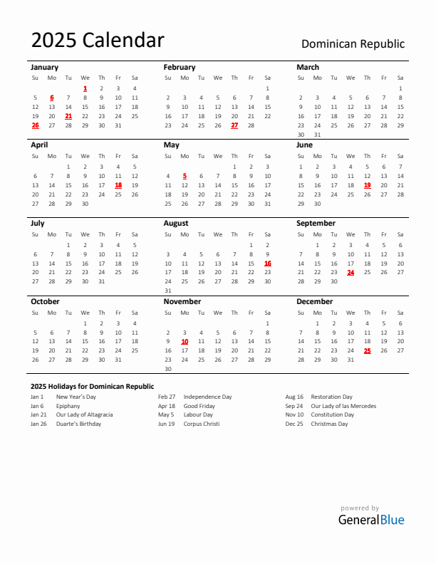 Standard Holiday Calendar for 2025 with Dominican Republic Holidays