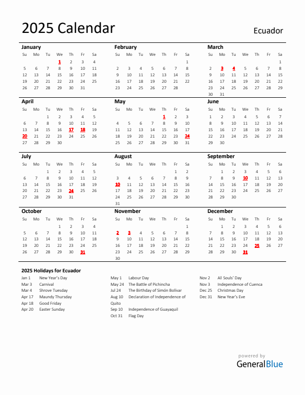 Standard Holiday Calendar for 2025 with Ecuador Holidays