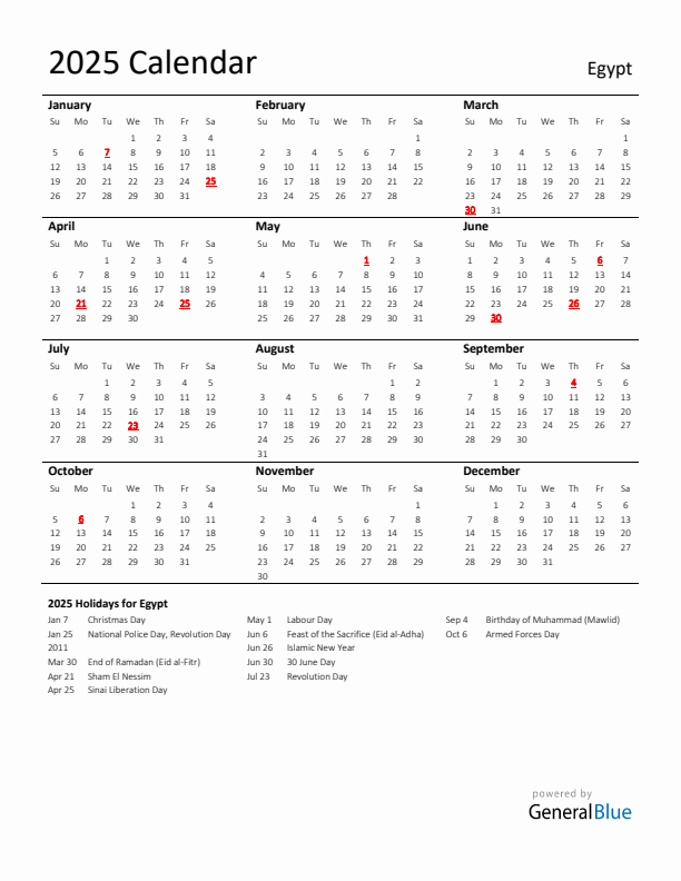 Standard Holiday Calendar for 2025 with Egypt Holidays 