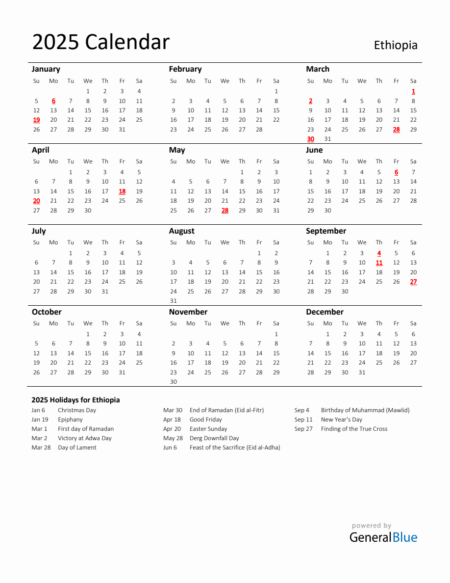 Standard Holiday Calendar for 2025 with Ethiopia Holidays