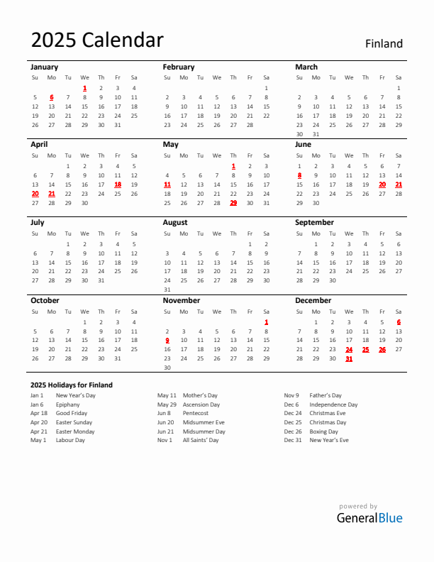 Standard Holiday Calendar for 2025 with Finland Holidays