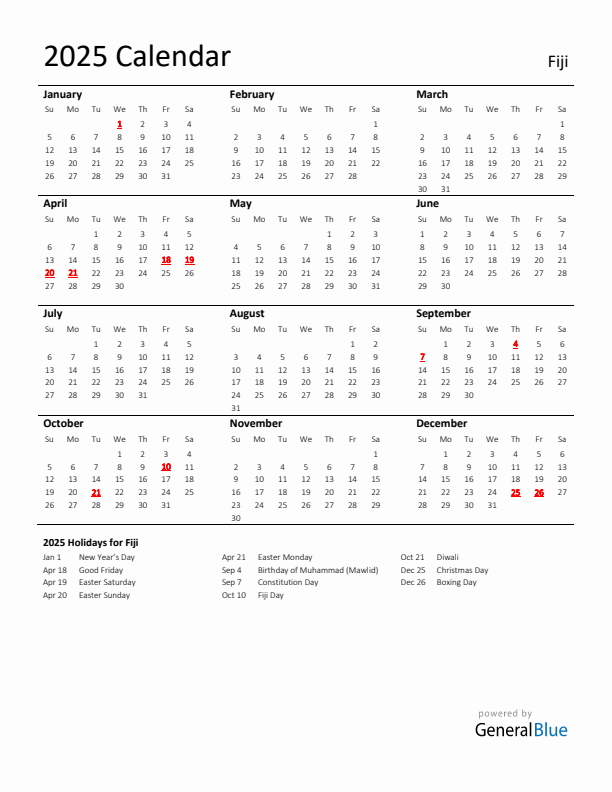 Standard Holiday Calendar for 2025 with Fiji Holidays 