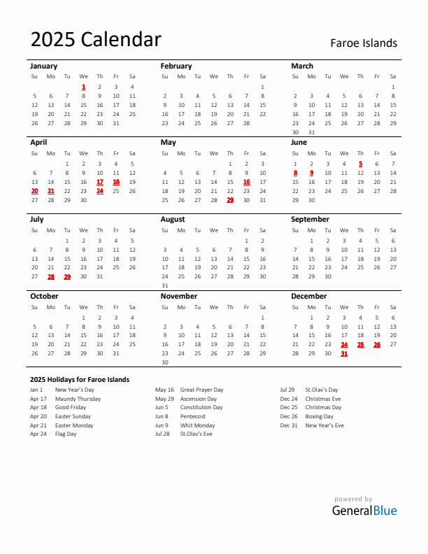 Standard Holiday Calendar for 2025 with Faroe Islands Holidays