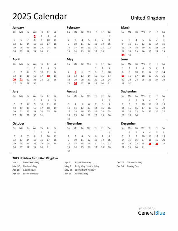 Standard Holiday Calendar for 2025 with United Kingdom Holidays