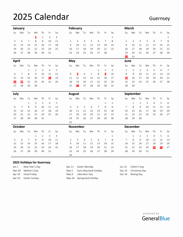 Standard Holiday Calendar for 2025 with Guernsey Holidays