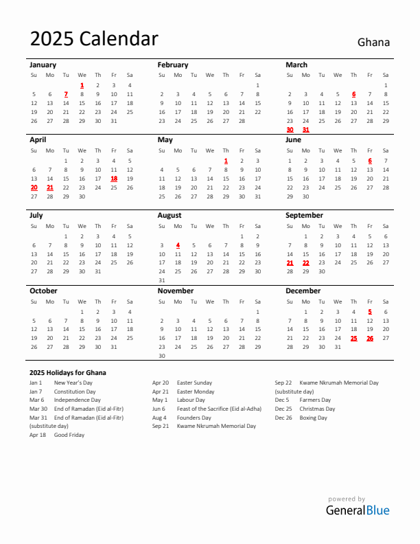 Standard Holiday Calendar for 2025 with Ghana Holidays 