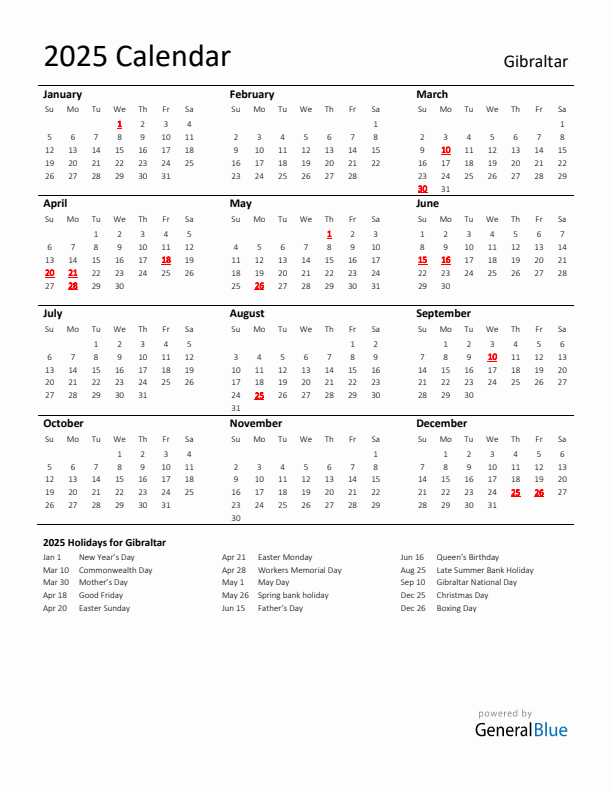 Standard Holiday Calendar for 2025 with Gibraltar Holidays 