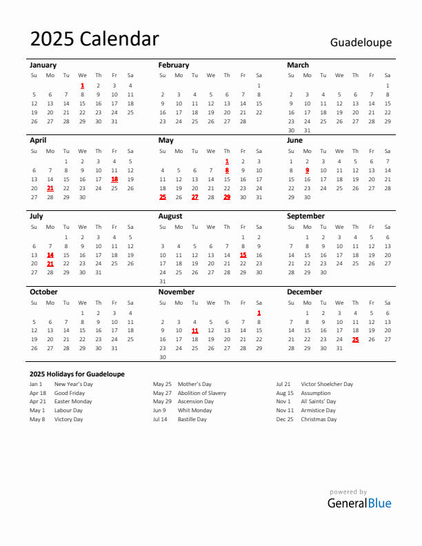 Standard Holiday Calendar for 2025 with Guadeloupe Holidays