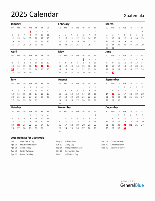 Standard Holiday Calendar for 2025 with Guatemala Holidays