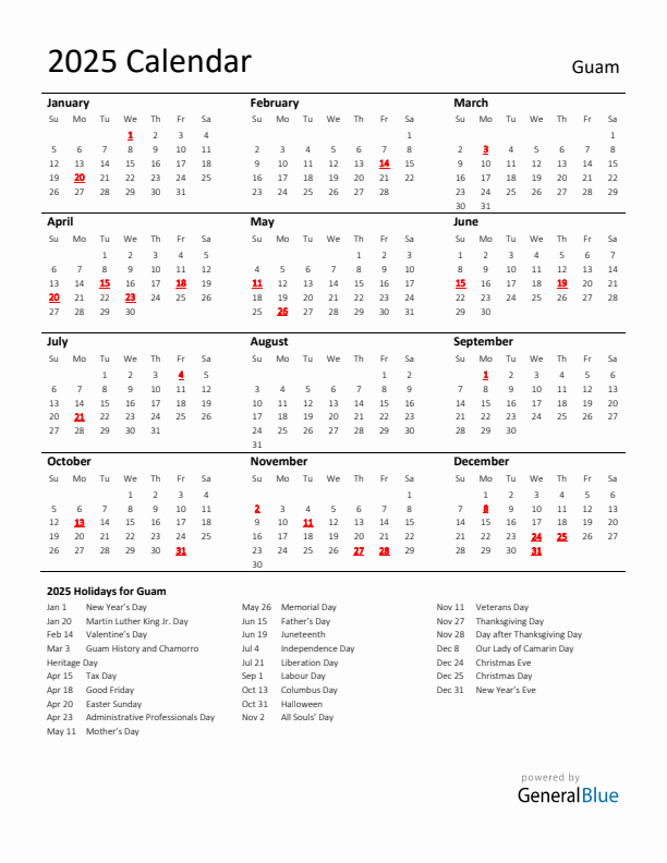 Standard Holiday Calendar for 2025 with Guam Holidays