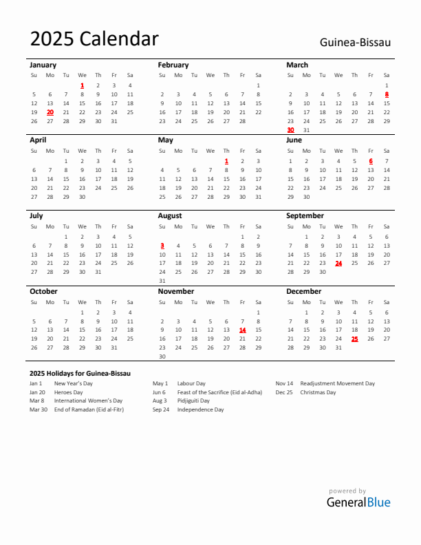 Standard Holiday Calendar for 2025 with Guinea-Bissau Holidays 