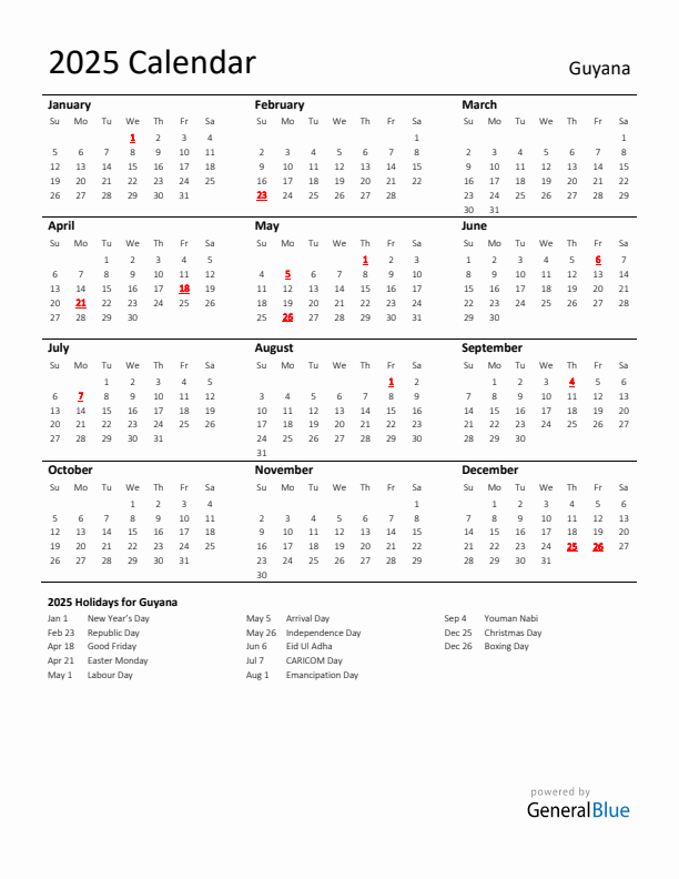 Standard Holiday Calendar for 2025 with Guyana Holidays