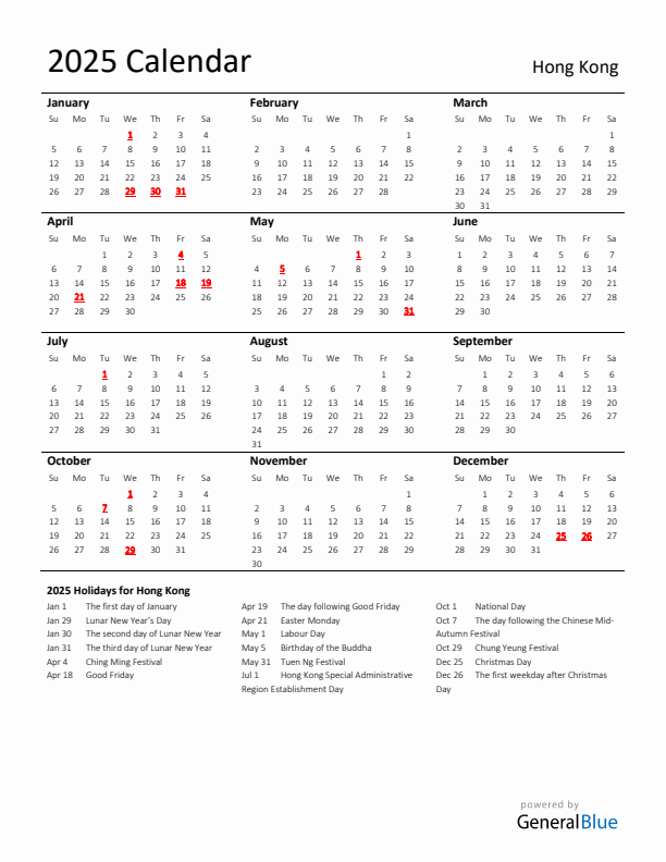 Standard Holiday Calendar for 2025 with Hong Kong Holidays 