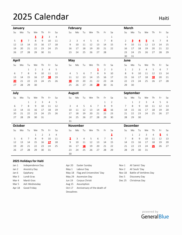 Standard Holiday Calendar for 2025 with Haiti Holidays