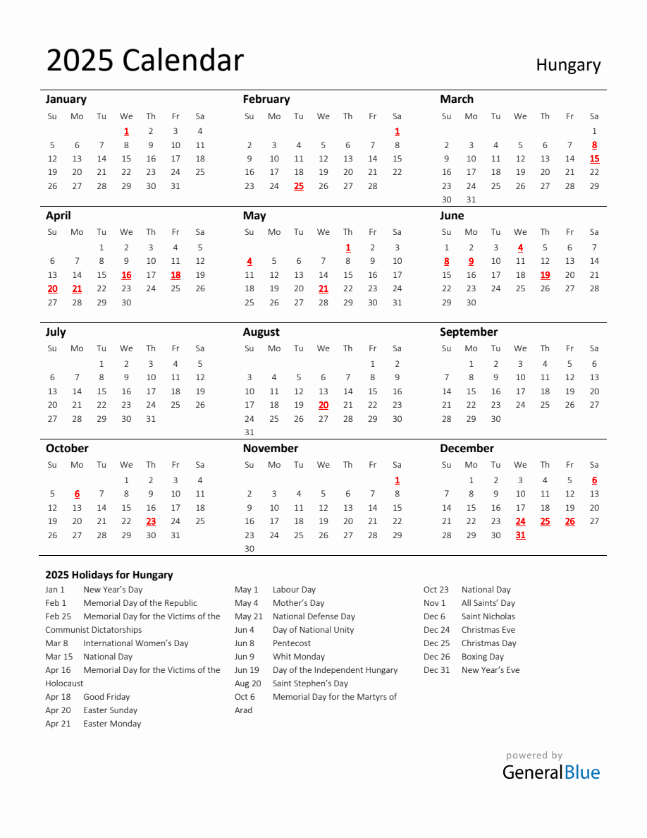 Standard Holiday Calendar for 2025 with Hungary Holidays