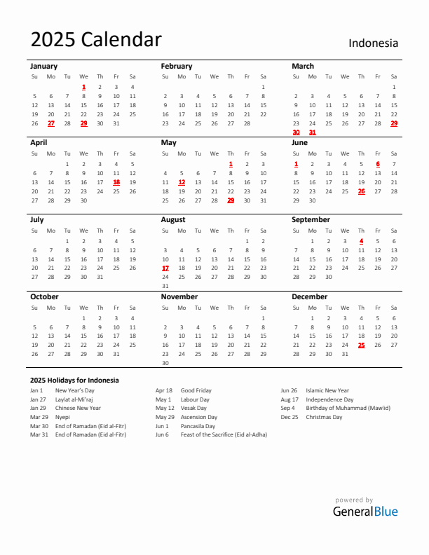 Standard Holiday Calendar for 2025 with Indonesia Holidays 