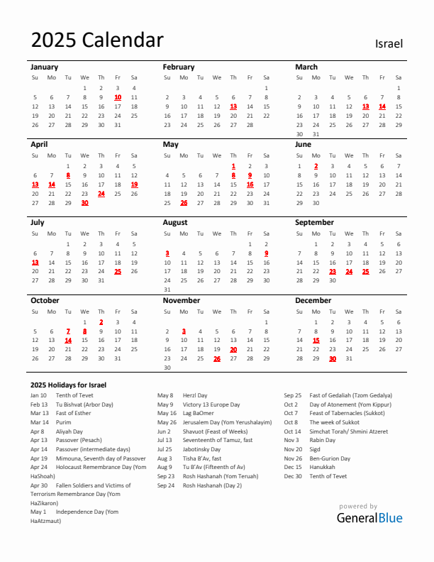 Standard Holiday Calendar for 2025 with Israel Holidays 