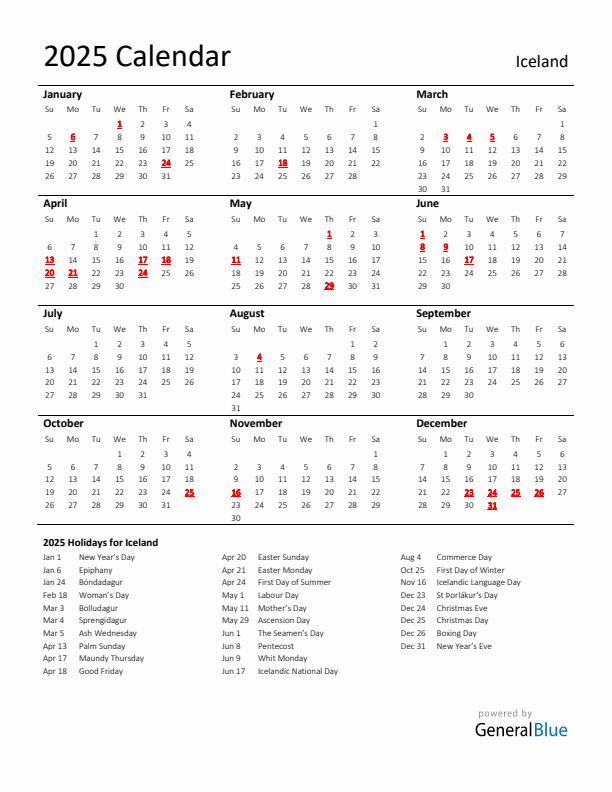 Standard Holiday Calendar for 2025 with Iceland Holidays