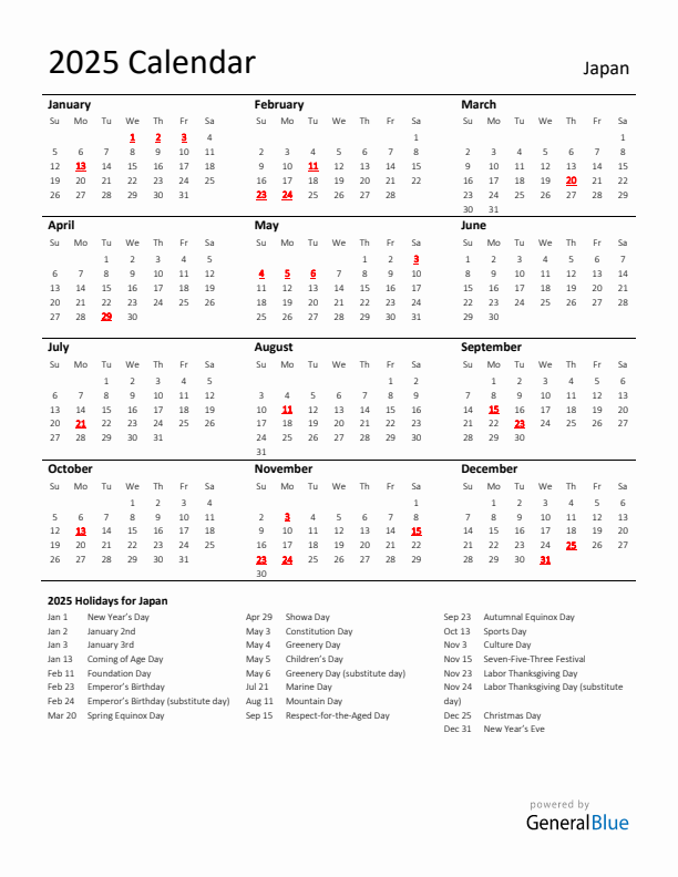 Standard Holiday Calendar for 2025 with Japan Holidays