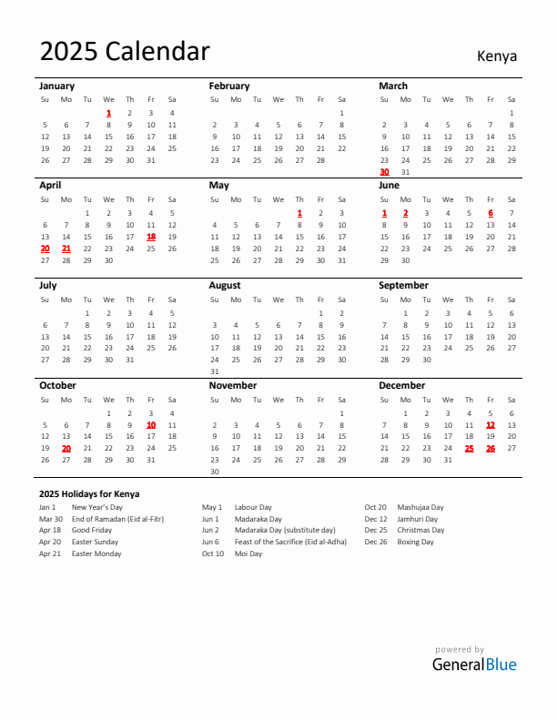 Standard Holiday Calendar for 2025 with Kenya Holidays