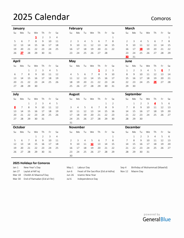 Standard Holiday Calendar for 2025 with Comoros Holidays 