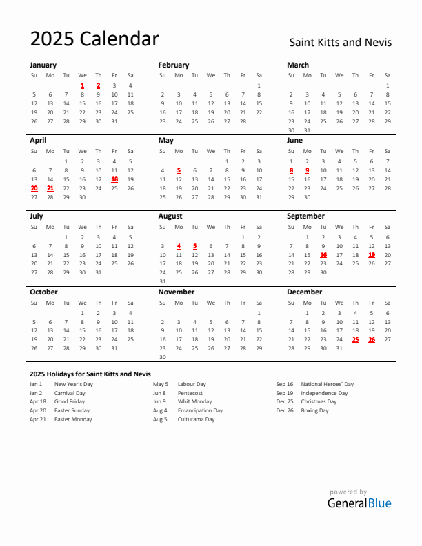 Standard Holiday Calendar for 2025 with Saint Kitts and Nevis Holidays 