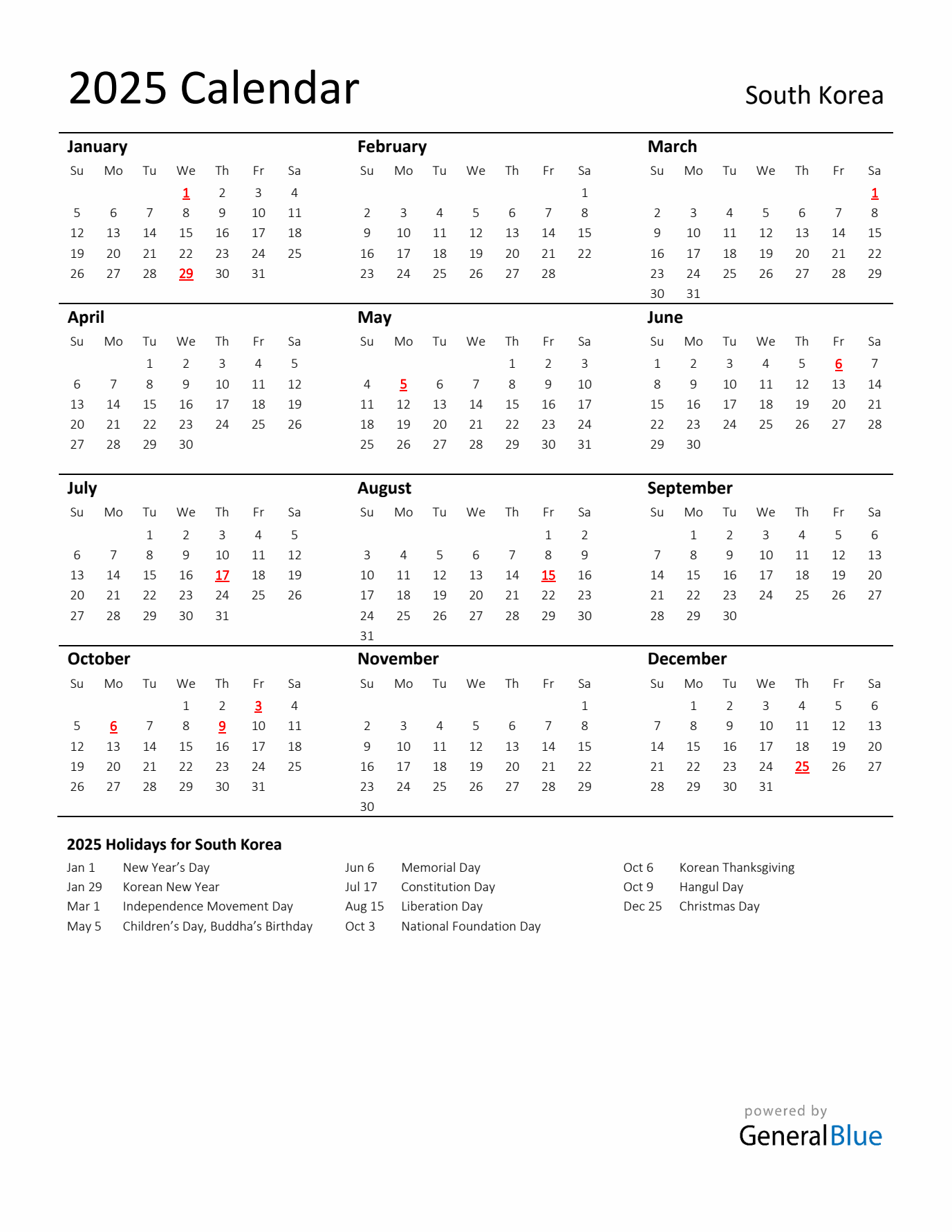 Standard Holiday Calendar for 2025 with South Korea Holidays