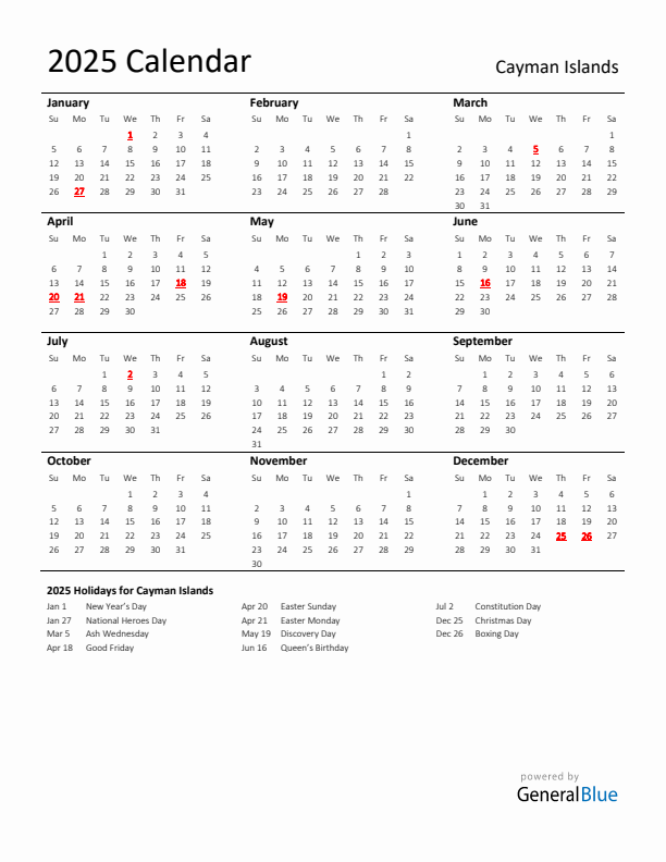 Standard Holiday Calendar for 2025 with Cayman Islands Holidays 