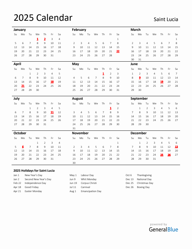 Standard Holiday Calendar for 2025 with Saint Lucia Holidays 