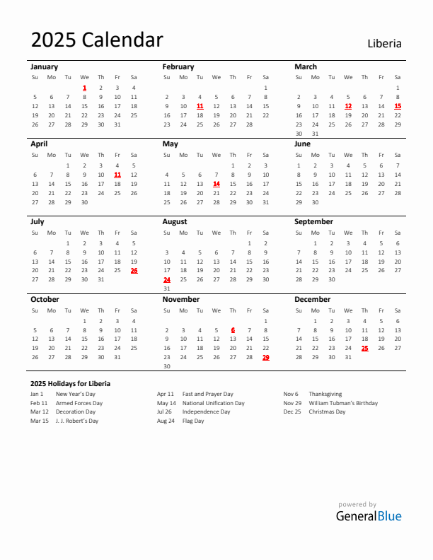 Standard Holiday Calendar for 2025 with Liberia Holidays 