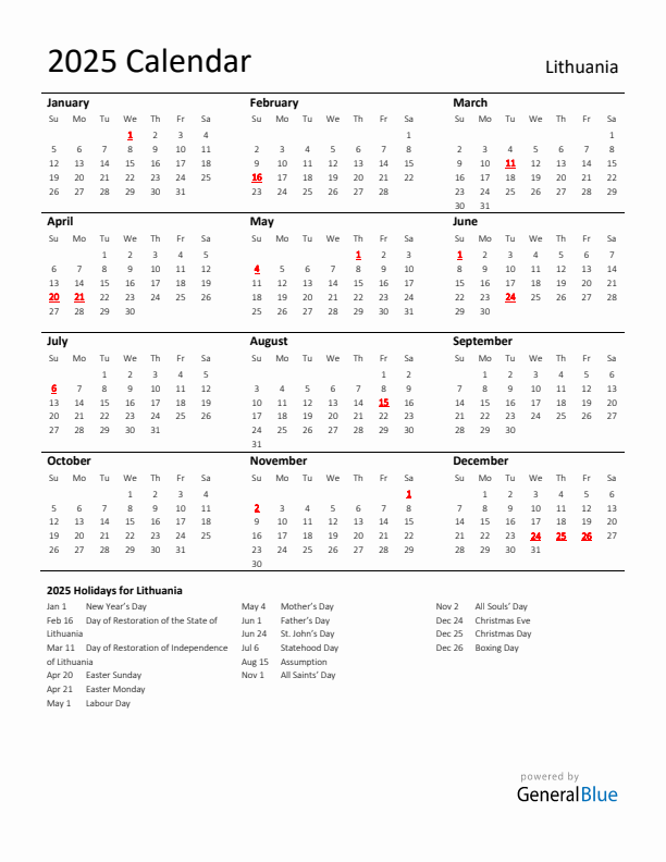 Standard Holiday Calendar for 2025 with Lithuania Holidays 