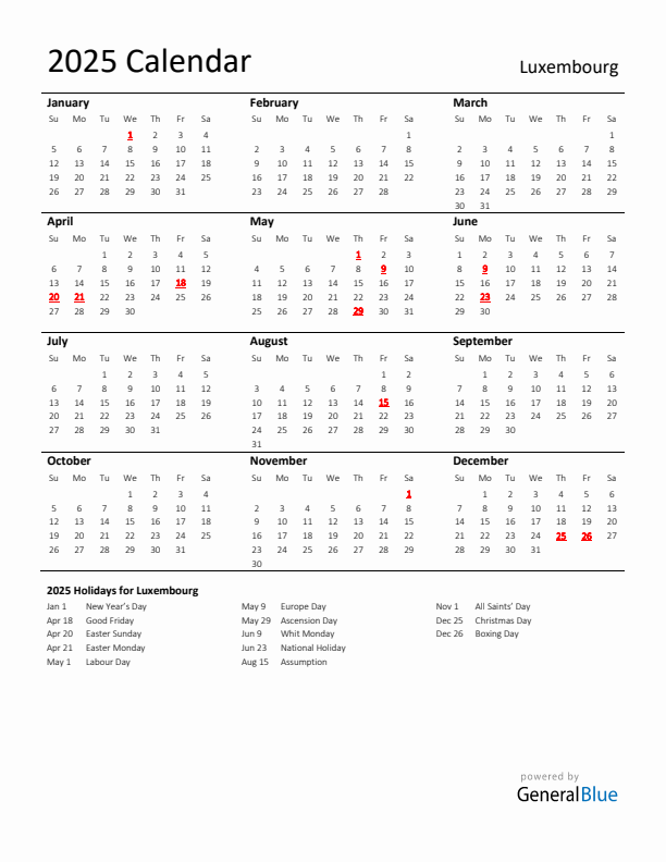 Standard Holiday Calendar for 2025 with Luxembourg Holidays