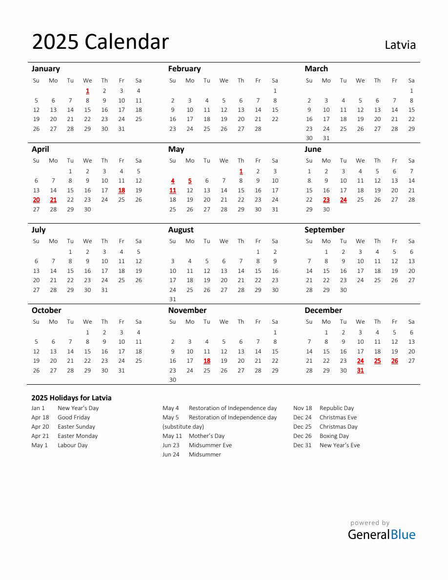 Standard Holiday Calendar for 2025 with Latvia Holidays