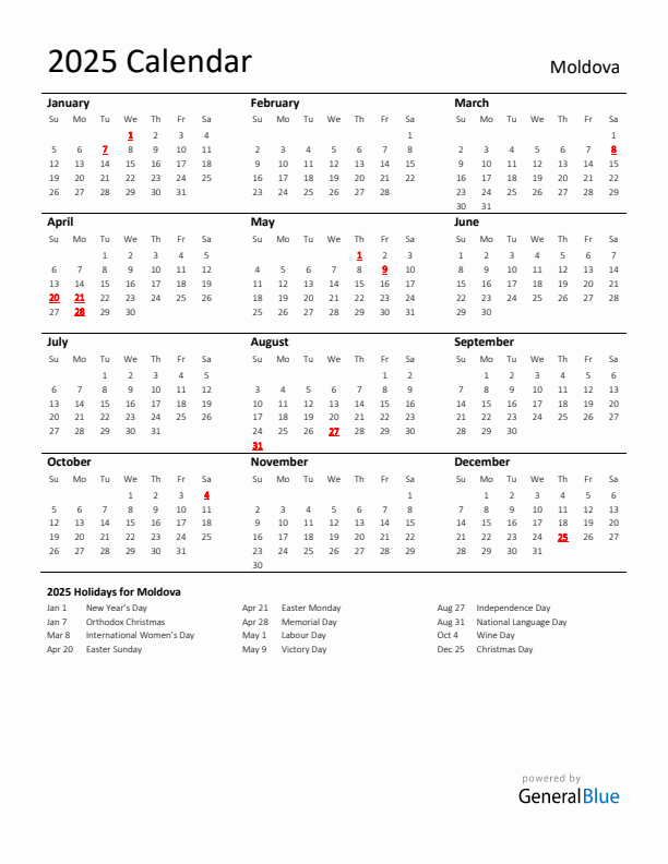 Standard Holiday Calendar for 2025 with Moldova Holidays
