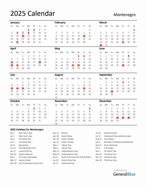 Standard Holiday Calendar for 2025 with Montenegro Holidays 