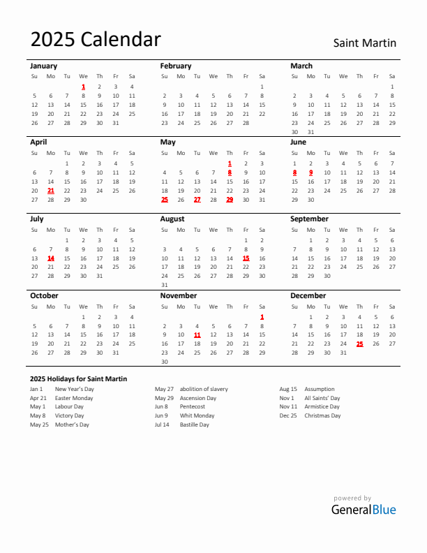 Standard Holiday Calendar for 2025 with Saint Martin Holidays 