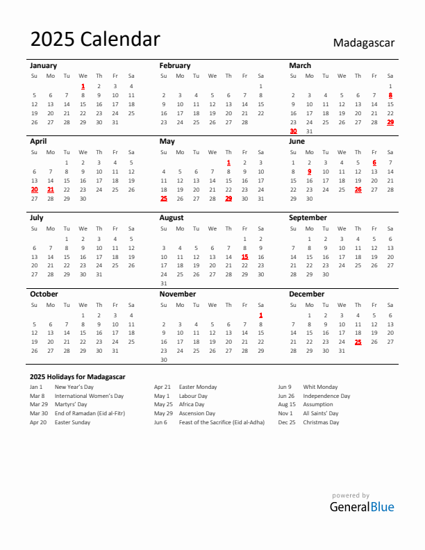 Standard Holiday Calendar for 2025 with Madagascar Holidays