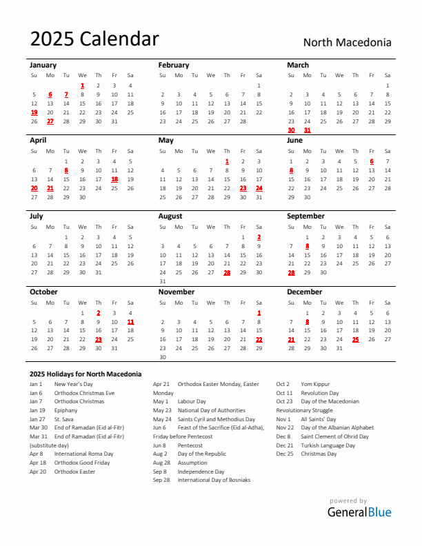 Standard Holiday Calendar for 2025 with North Macedonia Holidays 