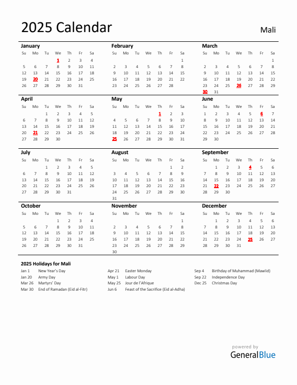 Standard Holiday Calendar for 2025 with Mali Holidays 
