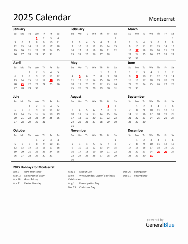 Standard Holiday Calendar for 2025 with Montserrat Holidays 
