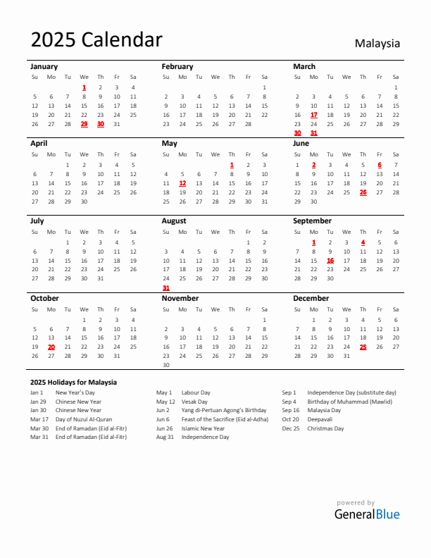 Standard Holiday Calendar for 2025 with Malaysia Holidays 
