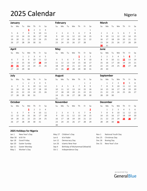 Standard Holiday Calendar for 2025 with Nigeria Holidays 