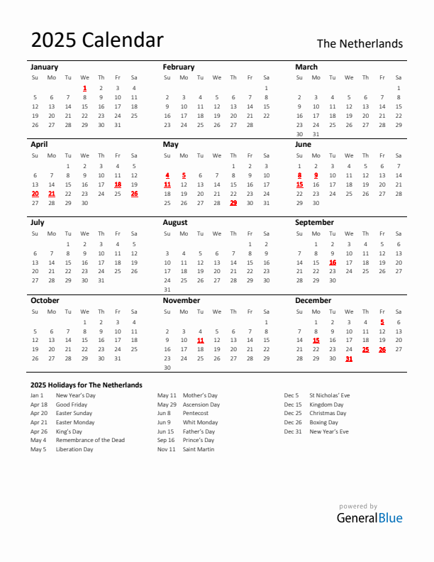 Standard Holiday Calendar for 2025 with The Netherlands Holidays