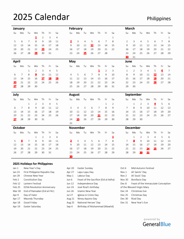 Standard Holiday Calendar for 2025 with Philippines Holidays