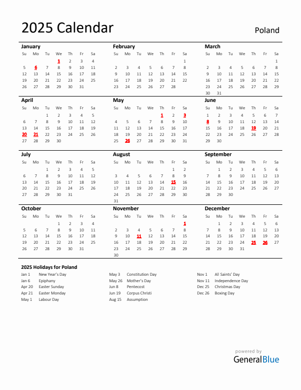Standard Holiday Calendar for 2025 with Poland Holidays