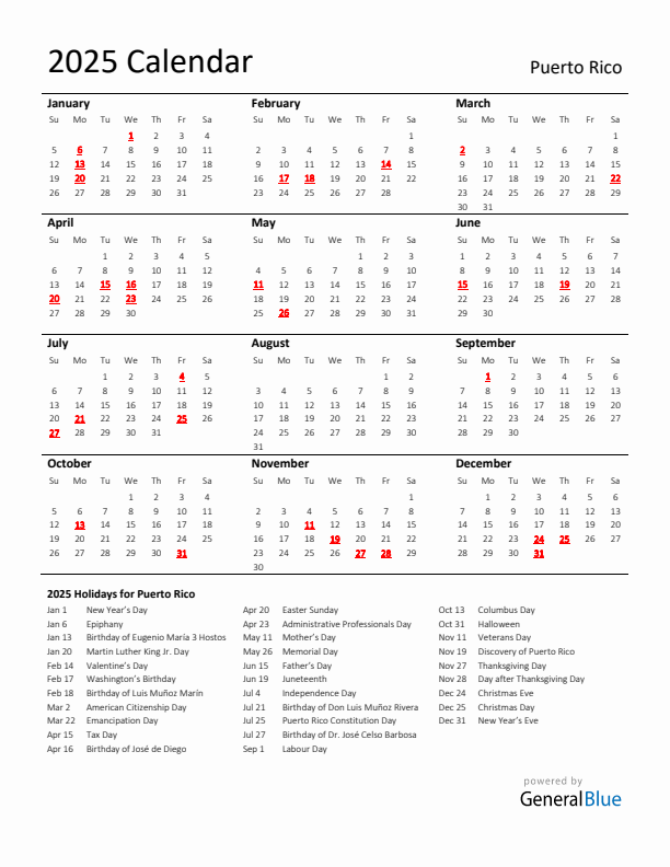 Standard Holiday Calendar for 2025 with Puerto Rico Holidays 