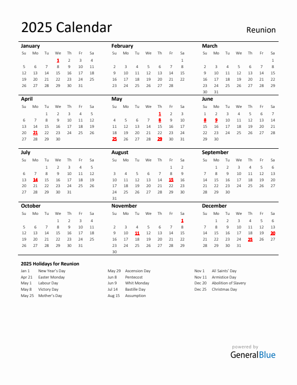 Standard Holiday Calendar for 2025 with Reunion Holidays
