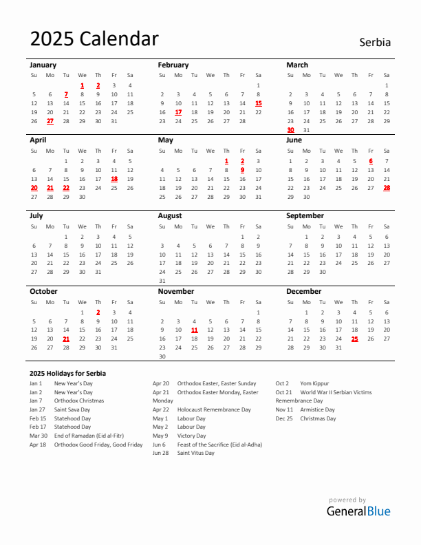 Standard Holiday Calendar for 2025 with Serbia Holidays